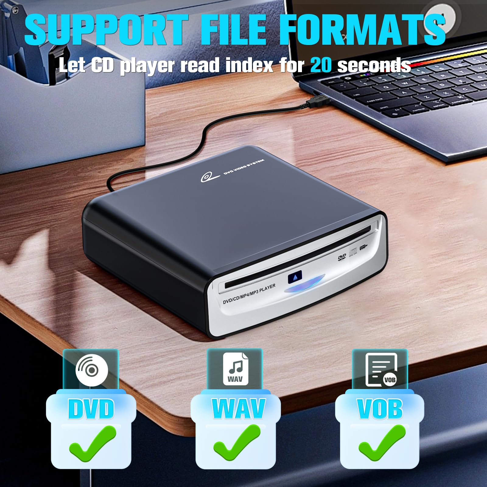 CD Player for Car with USB & AUX Ports, Upgraded Portable External CD DVD Player for Car Laptop Desktop TV Mac Computer, with Extra USB Extension Cable