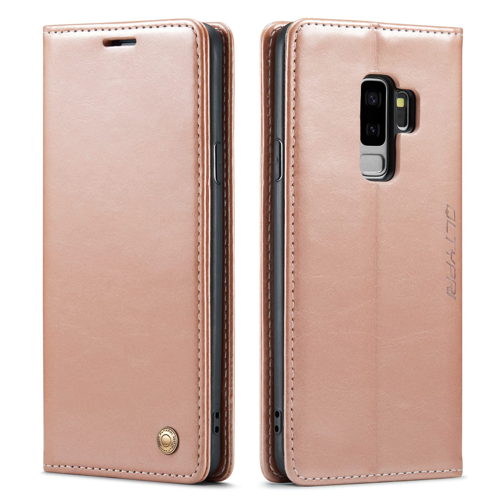 QLTYPRI Case for Samsung Galaxy S9 Plus, Vintage PU Leather Wallet Case Card Slot Kickstand Magnetic Closure Shockproof Flip Folio Case Cover for Samsung Galaxy S9 Plus - Rose Gold