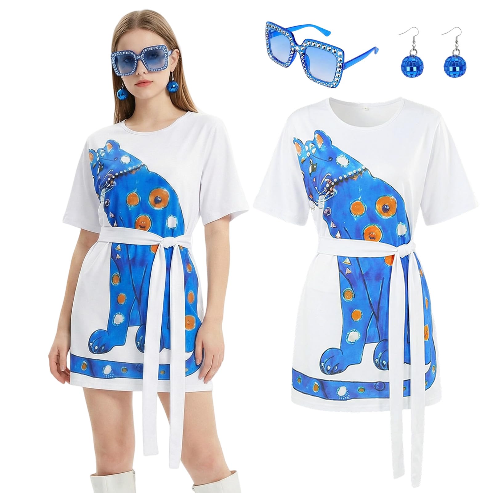 Aleshime ABBA Costume for Women, 70s Disco Blue Panther Print Loose Dress with Rhinestone Sunglasses & Disco Ball Earrings for ABBA Tribute Night, Retro Theme Party(L)
