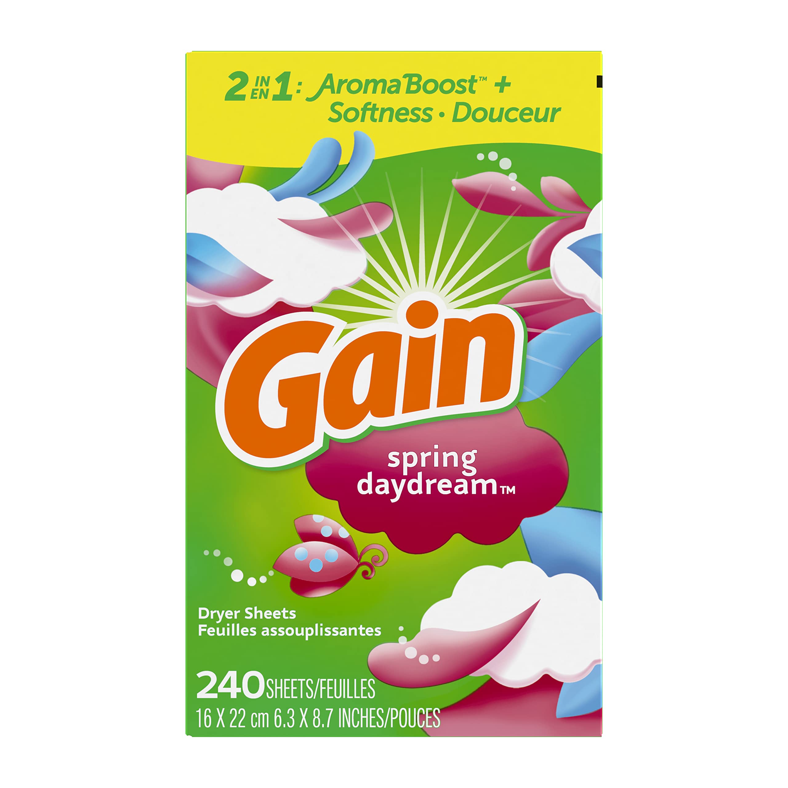 Gain Dryer Sheets, 240 Count, Original Scent Laundry Fabric Softener Sheets with 2-in-1 AromaBoost Plus Softness