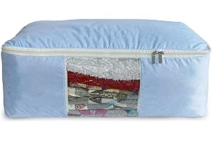 Madam Sew Quilt Blanket Storage Bag|Blanket Organizer|Comforter Storage for Clothes, Quilts, Bedding|Linen Bag Storage with Visible Front Panel, Strong Handles & 2-Way Zipper - Periwinkle 22x15x8"