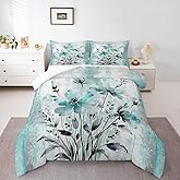 Ombre Turquoise Blue Grey White King Bedding Set Soft Abstract Oil Painting Comforter Sets - Rustic Farmhouse Comforter For Girls Adult Watercolor Floral Quilt Duvet Country Wooden Theme Room Decor