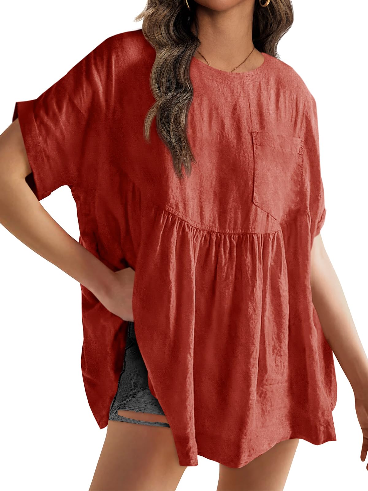 Tankaneo Womens Summer Babydoll Tops Short Sleeve Crew Neck Tunic T ...