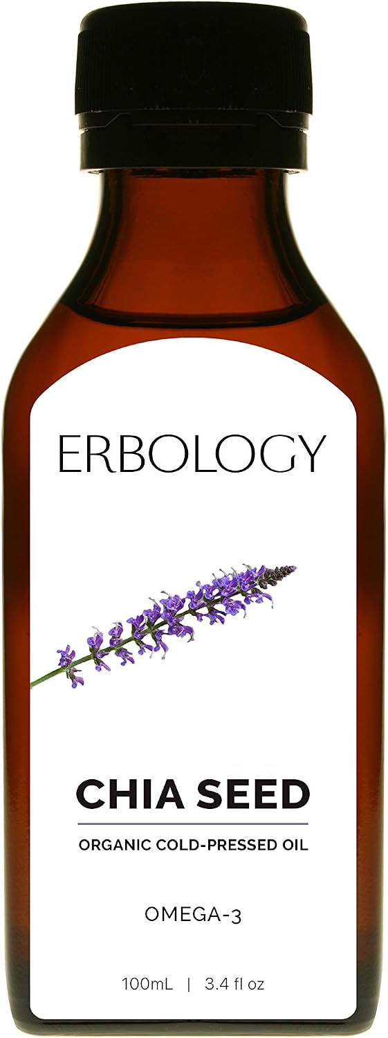 Erbology Organic Chia Seed Oil 100ml, Cold-Pressed, Rich in Omega-3 (66%) and Vitamin E (330% RI)