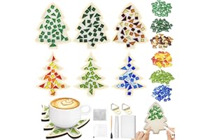 Honeydak 6 Sets DIY Glass Mosaic Tiles with 6 Wooden Coasters Making Mosaic Crafts Material Package Mixed Stained Glass for Handmade Colorful Home Decor Gift Indoor (Christmas Tree,Neutral Color)