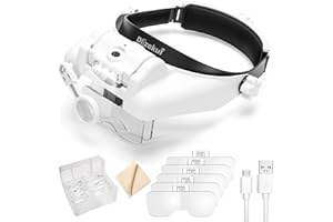 Dilzekui Headband Magnifying Glass with Light, Rechargeable Head Magnifying Glasses 1X to 14X, Magnifier Headset with 6 Detachable Lens, Hands Free Head Mount Magnifier for Close Work Jewelry Crafts