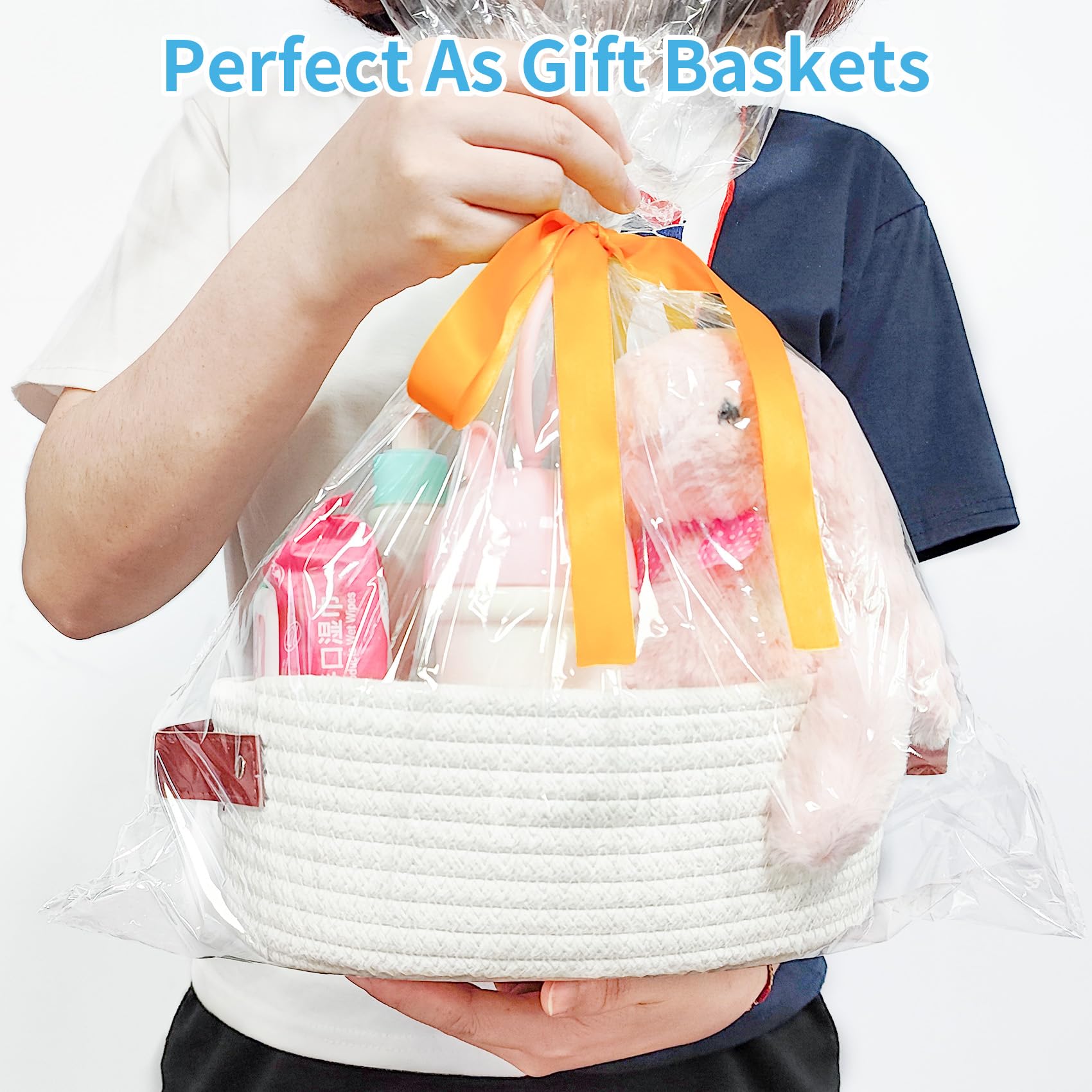 ABenkle Small Woven Basket, Mini Cotton Rope Storage Tiny Shelf Oval Decorative Toy Dog Cat Bin for Nursery, Empty Gift Basket with Gift Bags and Ribbon, Baskets for Mother's Day Gifts - White