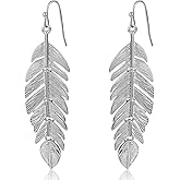 Leaf Earrings for Women - Long Hanging Boho Feather Earrings Plated in Gold, Silver, or Rose Gold Tone