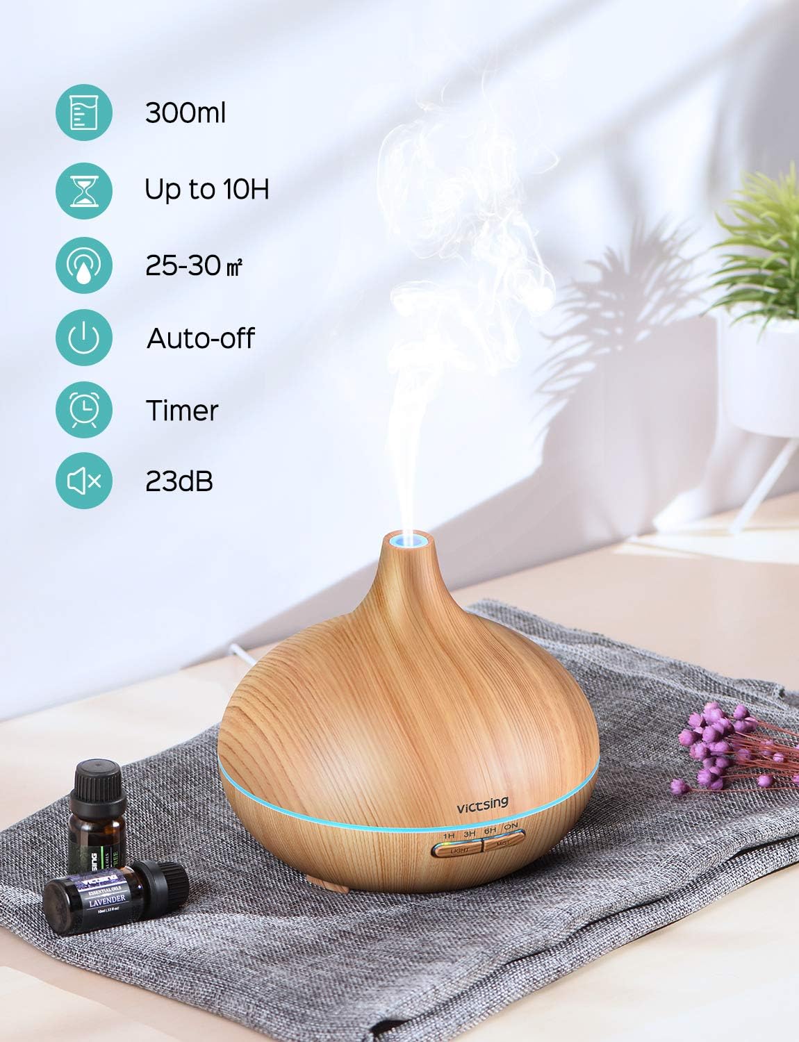 VicTsing Essential Oil Diffuser, 300ml Oil Diffuser with 7 Color Lights and 4 Timer, Aromatherapy Diffuser with Auto Shut-off Function, Cool Mist Humidifier BPA-Free for Bedroom Home: Home & Kitchen