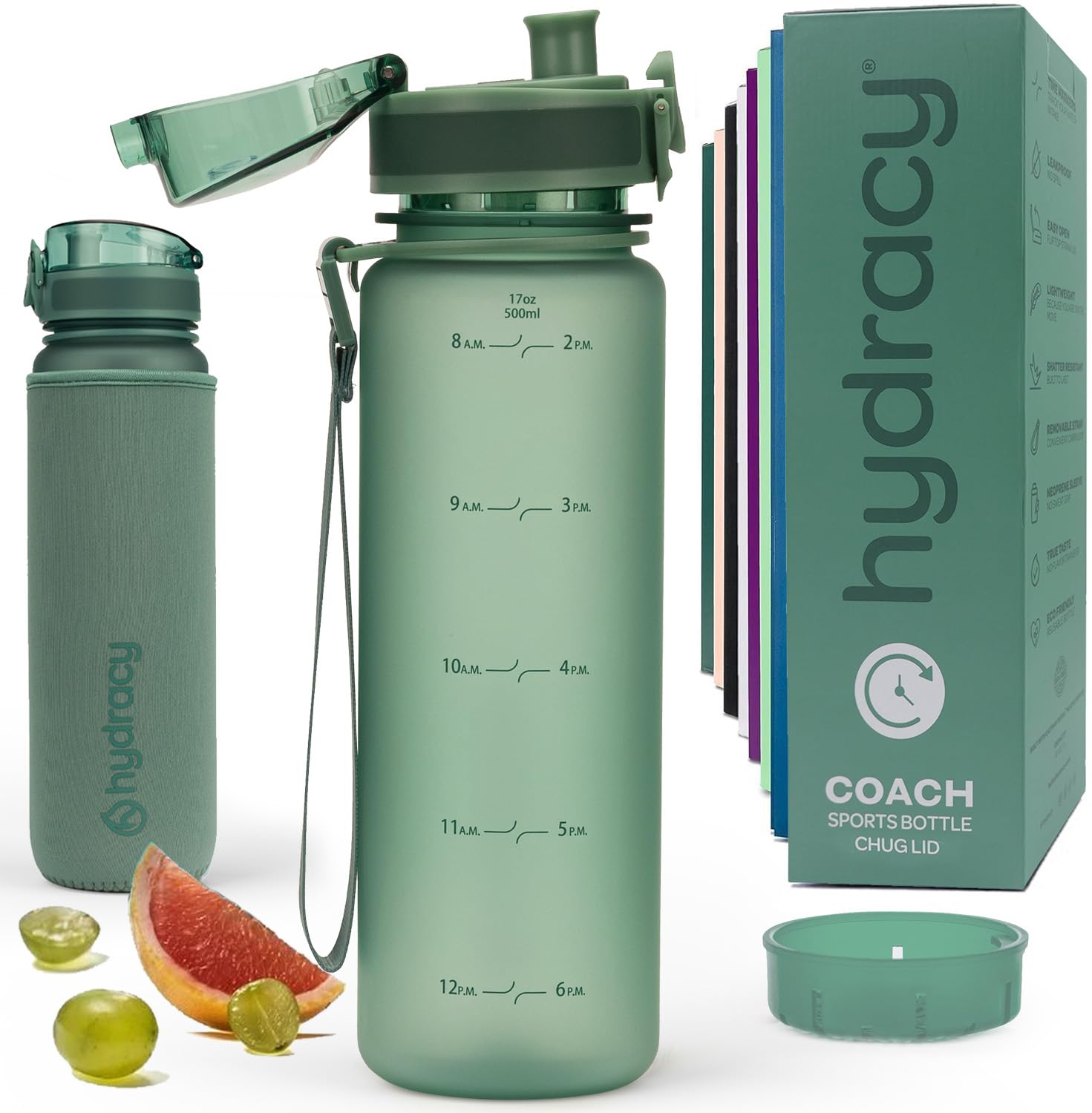 Hydracy Water Bottle with Time Marker - 500 ml 17 Oz BPA Free Water Bottle - Leak Proof & No Sweat Gym Bottle with Fruit Infuser Strainer - Ideal for Fitness or Sports & Outdoors Moonlight Green