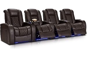 Seatcraft Diamante - Home Theater Seating - Living Room - Power Recline - Italian Leather - Powered Headrests - Cupholders - USB Charging - Ambient Lighting - Arm Storage, Row of 4, Brown
