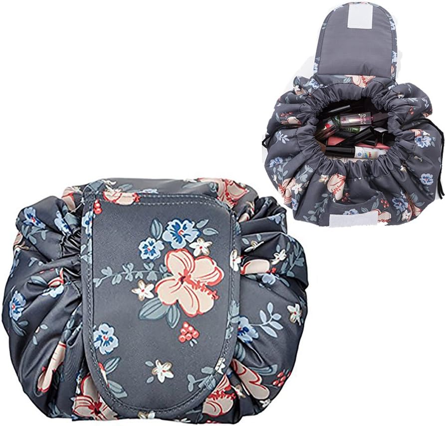 Lazy Portable Makeup Bag Large Capacity Drawstring Cosmetic Bag Waterproof Travel Makeup Pouch Magic Toiletry Bag Storage Organizer for Women Girls (Blue Flower)