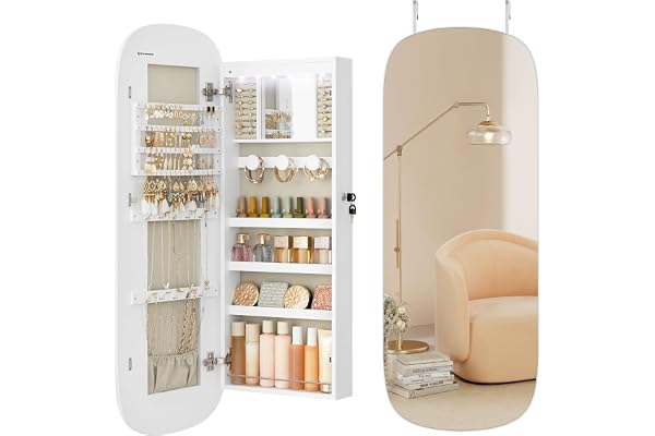 SONGMICS Jewelry Organizer, LED Jewelry Cabinet Wall/Door Mounted, Lockable Rounded Wide Mirror with Storage, Interior Mirror