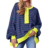 Tankaneo Womens Oversized Striped Sweatshirts Henley Shirts Color Block Casual Pullover Waffle Knit Tops