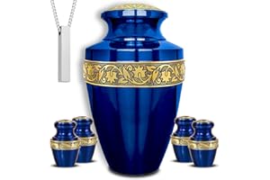 AMERICURN Set of 6 Blue Decorative Cremation Urns for Ashes Adult Male & Female Includes 1 Large Blue Urn with 4 Small Keepsakes & 1 NecklaceUrn for Human Ashes