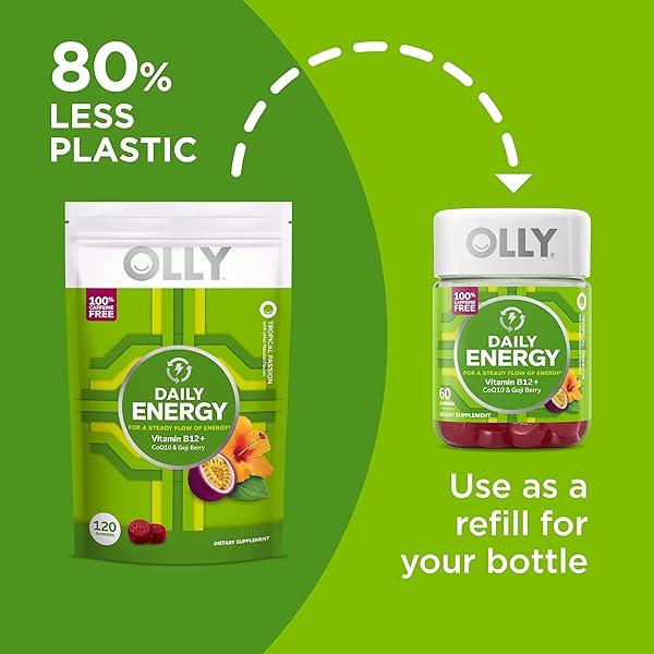 OLLY DAILY ENERGY GUMMY, CAFFEINE FREE, VITAMIN B12, COQ10, GOJI BERRY, ADULT CHEWABLE SUPPLEMENT, TROPICAL FLAVOR – 120 COUNT POUCH