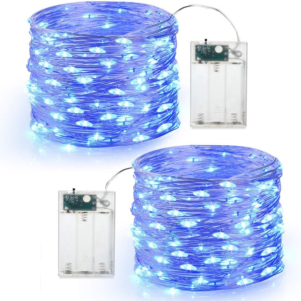 Brizled Blue Halloween Fairy Lights, 60 LED Battery Powered Twinkle String Lights, 2 Modes 19.47ft Indoor Starry String Lights, Mini Silver Wire Firefly Lights for Bedroom, Wedding, Party, 2 Pack
