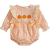Honganda Baby Girl Plaid Romper Long Sleeve Pumpkin Turkey Ruffle Onesie with Bows Halloween Thanksgiving Christmas Outfit