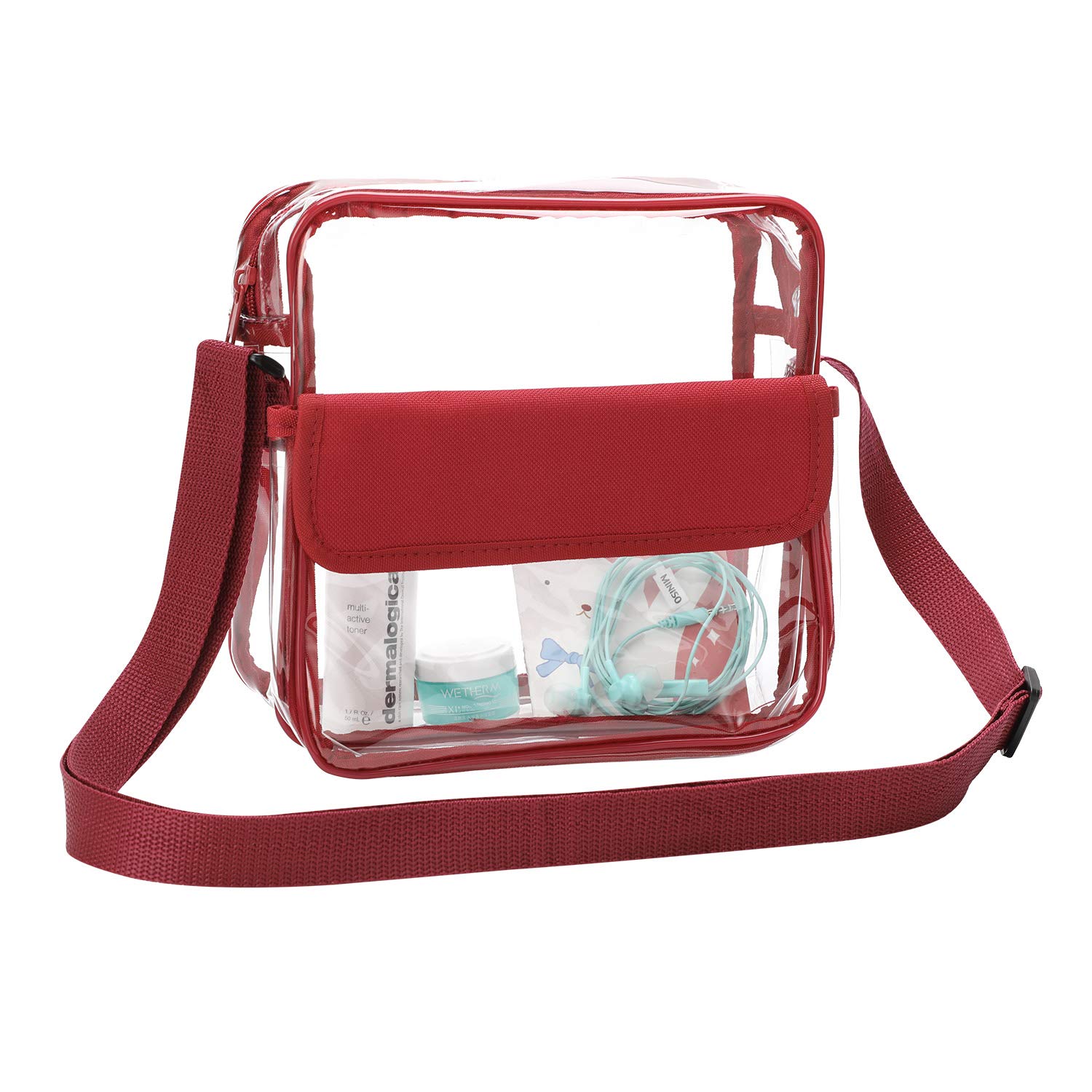 QKURT Clear Crossbody Messenger Shoulder Bag with Adjustable Strap, Concert Stadium Approved Transparent Purse Clear Bag for Women Men, Waterproof & Red