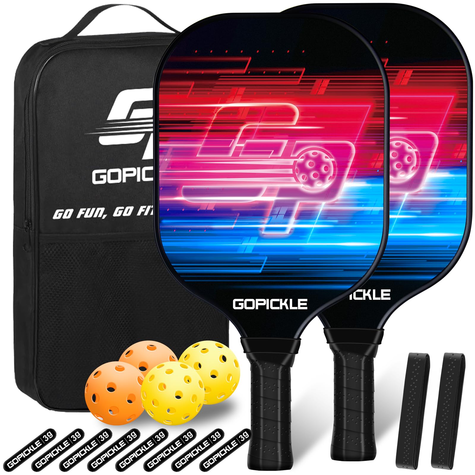 GoPickle Pickleball Paddles Set of 2, Fiberglass Pickleball Paddles Lightweight, 4 Pickle Balls, 8 Lead Tape, Backpack, Portable Rackets and Balls, Gift for Adults, Beginners