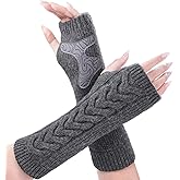 Jökulríki Womens Arm Warmers Fingerless Gloves Cable Knit Fleece Lined Warm Half Finger Mitten with Thumb Hole