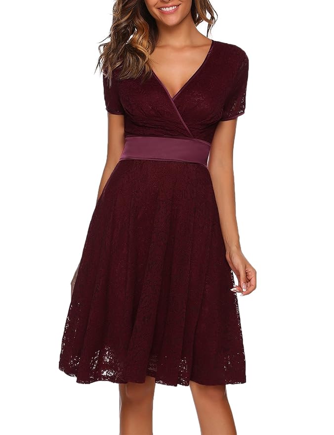 ACEVOG Damen Elegant Spitzenkleid Abendkleid Cocktailkeid Sommerkleid Swing Kleid A Linie V Ausschnitt Festlich Knielang Schw