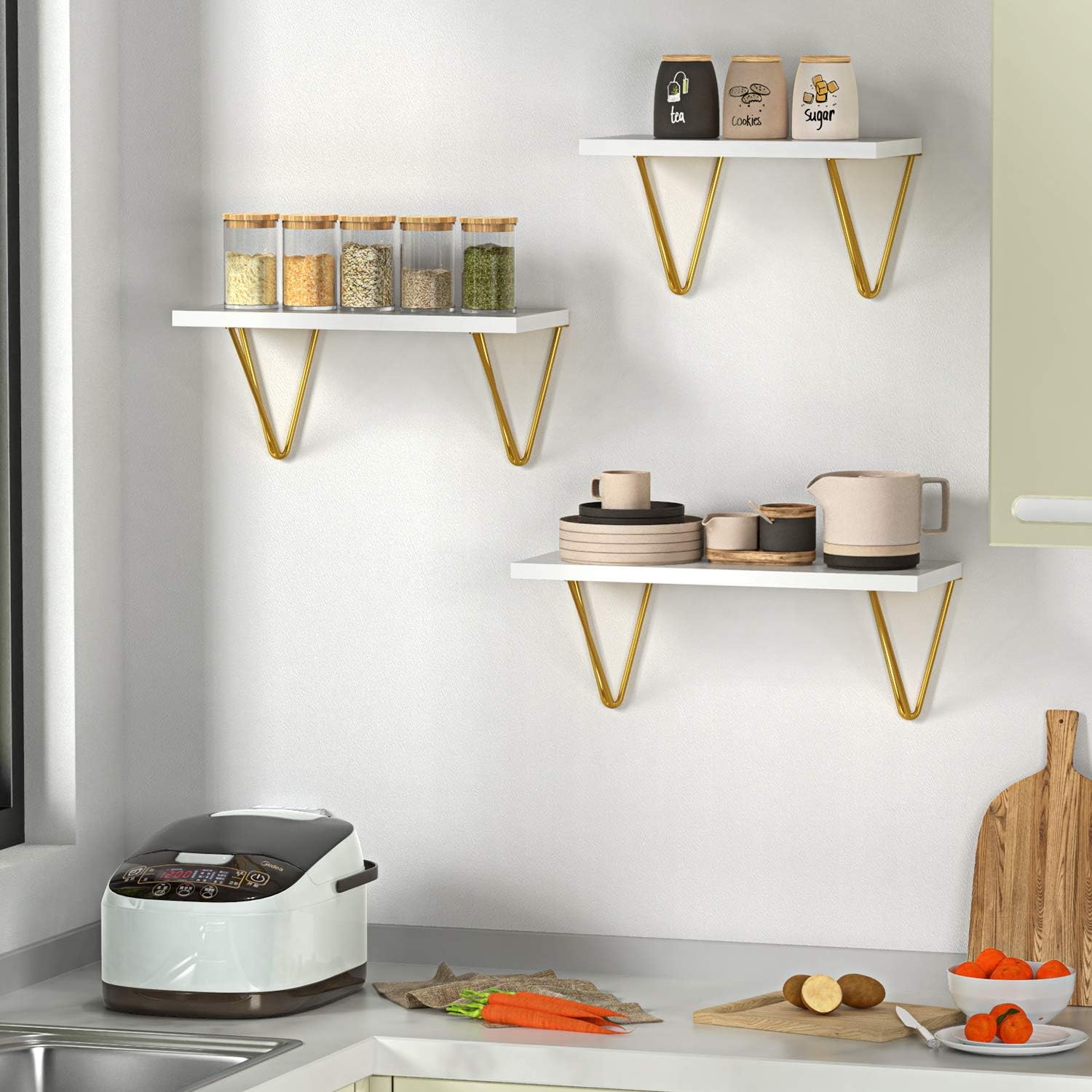 White Floating Shelves - Elegant Vanity Triangle Golden Metal Brackets Hanging Wall Shelves Set of 3 - Wall Mounted Shelf for Living Room, Bedroom, Kitchen by AMADA HOMEFURNISHING: Kitchen & Dining