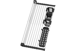 Black Expandable Roll Up Dish Drying Rack Up to 22.8''with 2 Storage Baskets,Over The Sink Kitchen Rolling up Dish Drainer Dr