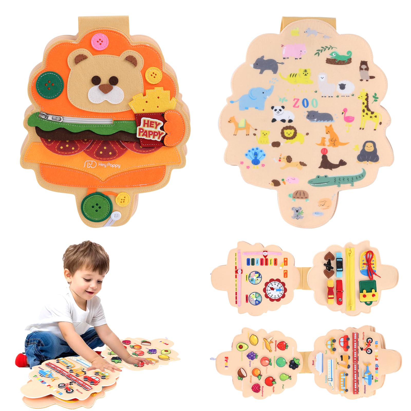 Heypappy Busy Board Montessori Toys, Educational Busy Book Learning Sensory Toys for Toddlers with Fine Motor Skills, Busy Book Toys Gifts, Bear Shape