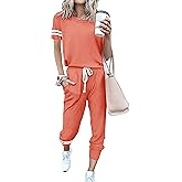 PRETTYGARDEN Women Summer Two Piece Outfits Striped Short Sleeve Pullover and Long Pants Tracksuit Travel Pajama Lounge Set