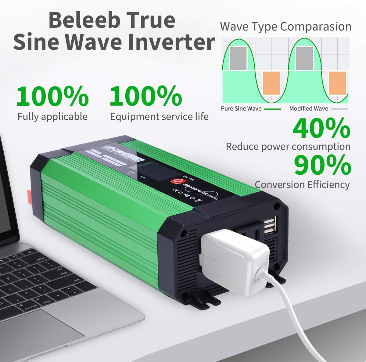 Beleeb 600W Pure Sine Wave Inverter, DC 12V to AC 110V Power Inverter with LCD Display, Dual USB Ports and 2 AC Outlets: Car Electronics