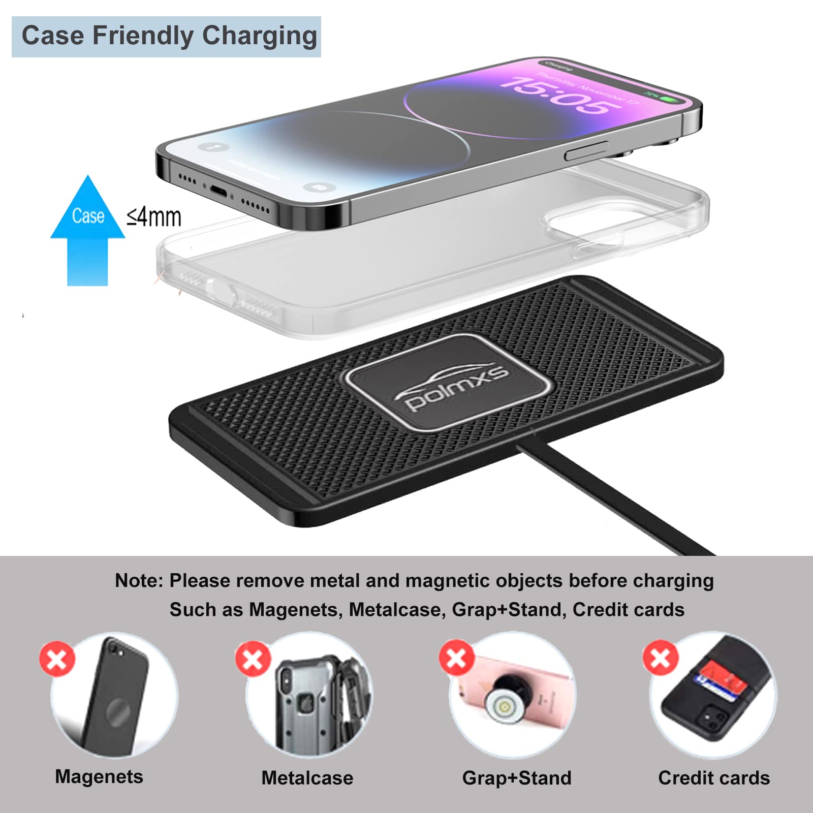 Wireless Charger Car Charging pad,POLMXS 15W Fast Wireless Phone Charger Non Slip Cell Phone Flat Charging mat Compatible with iPhone 11/12/12/14/15 Galaxy S21/S22/S23/24 NOTE10 (30cm Cable)(C2Y)