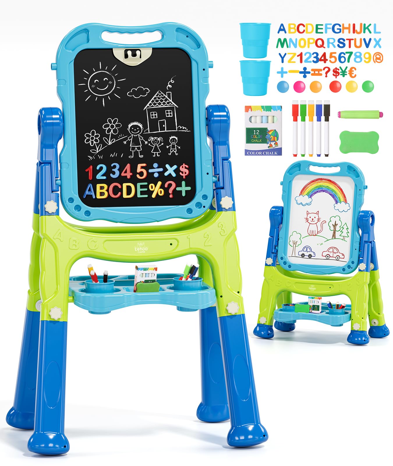 Lehoo Castle Easel Kids, 4 in 1 Kids Easel with Magnetic Drawing Board, Double Sided Toddler Easel with Chalkboard & Magnetic Whiteboard, Gifts for 3 4 5 6 7 Year Old Boys Girl(Blue) — image 1
