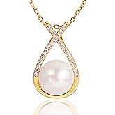 pearlette Dainty Pearl Drop Pendant Necklace for Women Daily with Real Cultured Freshwater Pearl - Cubic Zirconia Accented in Gold/Silver, Gift for Her (Christmas,Birthday,Wedding)