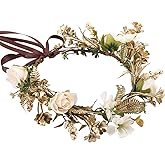 KorViSHOW Vintage Rose Flower Crown - Golden Leaves White Classic Flower Headband Fairy Elegant Floral Headpiece for Women Girls Christmas Mucic Festivals Photo Prop