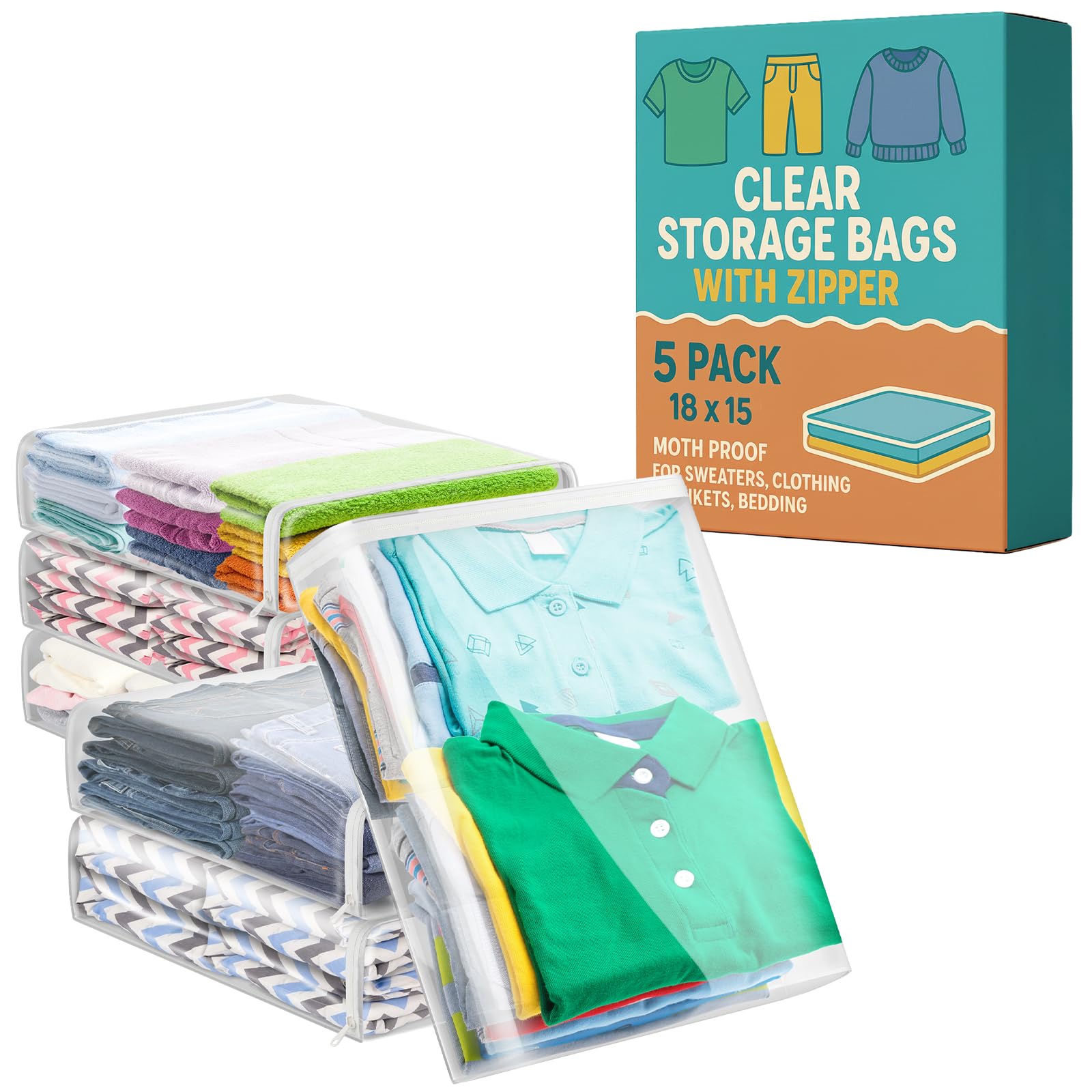 Houseables Moth-Proof Sweater Bags, Clear Zippered Organizers, 18x15x4