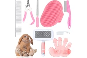 DAMPET Rabbit and Small Pet Grooming Kit - Slicker Brush, Massage Glove, Nail Clipper, Flea Comb, Double-Sided Brush for Rabbits, Guinea Pigs, Hamsters (Pink)