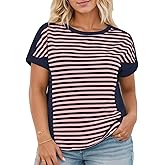 Womens Plus Size Summer Tops Casual Crewneck Going Out Tee Oversized Striped Color Block Shirts Navy Blue 2XL