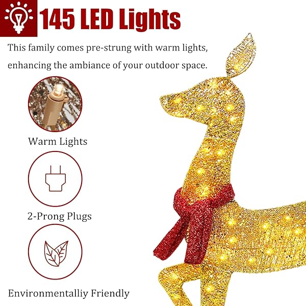 2025 NEW 4FT 2.5D LIGHTED CHRISTMAS DEER FAMILY SET, 48INCH 3-PIECE CHRISTMAS DECORATION OUTDOOR LIGHTED REINEER WITH 145 LED LIGHTS, PLUG FOR HOLIDAY FRONT YARD/PORCH/INDOOR DECOR- GOLD