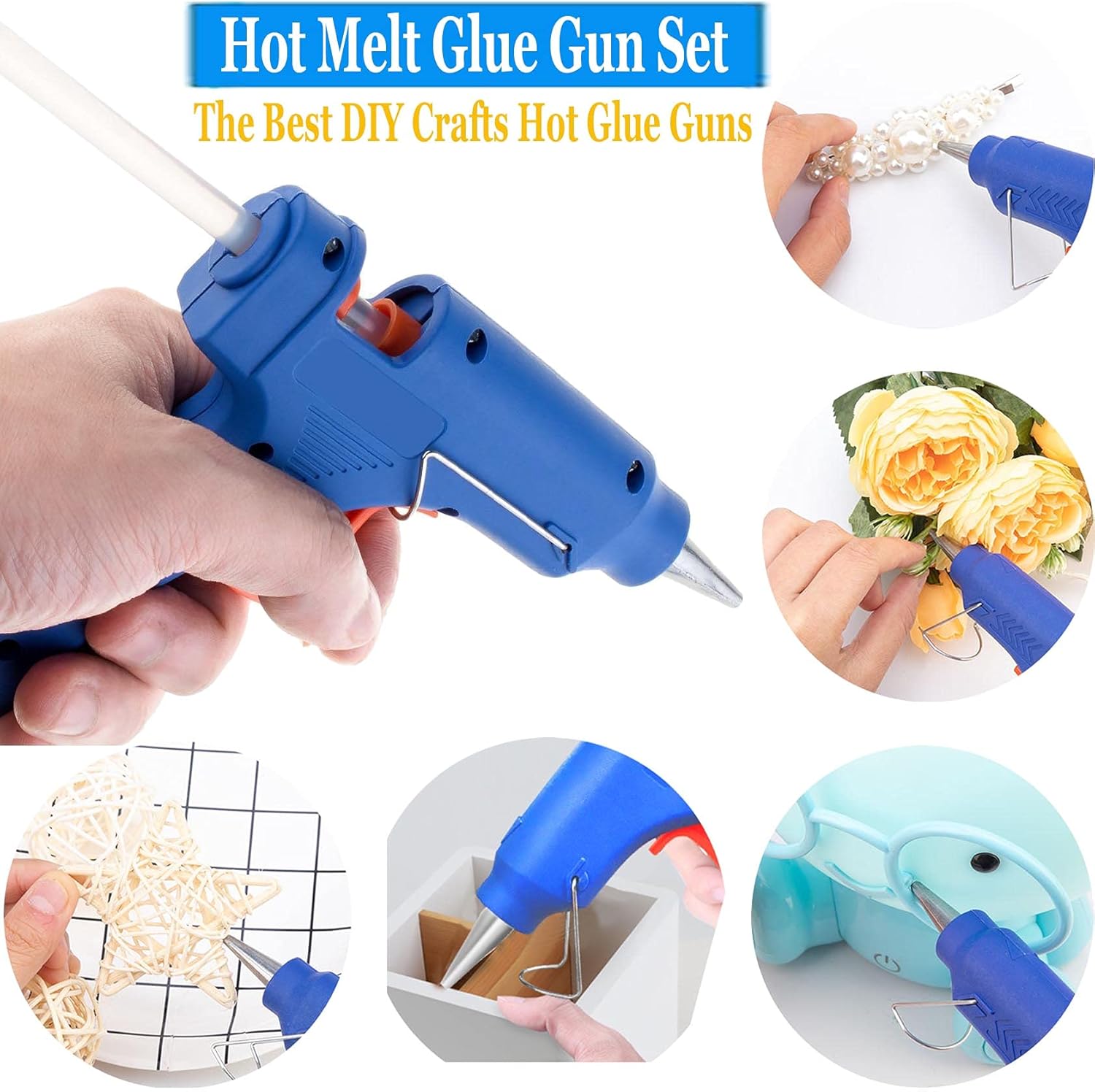 DuoAndDuo Hot Glue Gun kit 20W with 30pcs Mini Hot Glue Sticks for Glue Gun, Hot Melt High Temp Industrial Glue Gun, Glue Guns with 4pcs Anti-Scald Silicone Finger Cot, DIY Crafts Hot Glue Guns (Blue)
