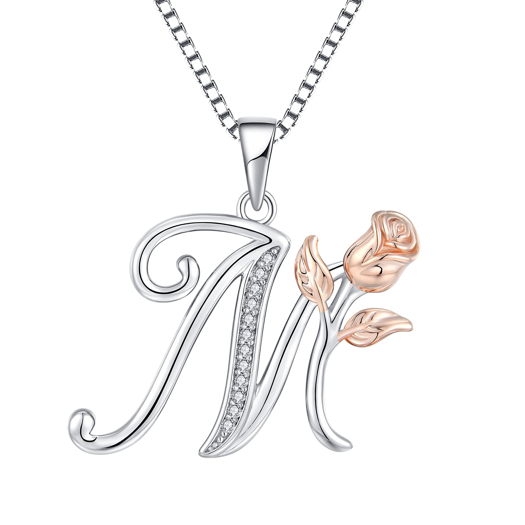 starchenie Alphabet Rose necklace Letter M Necklace Zirconia Pendant 925 Sterling Silver Necklace for Women