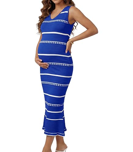 PinkBlush Blue Gingham Print Smocked Fitted Self-Tie Maternity Midi Dress at Amazon Women's Clothing store