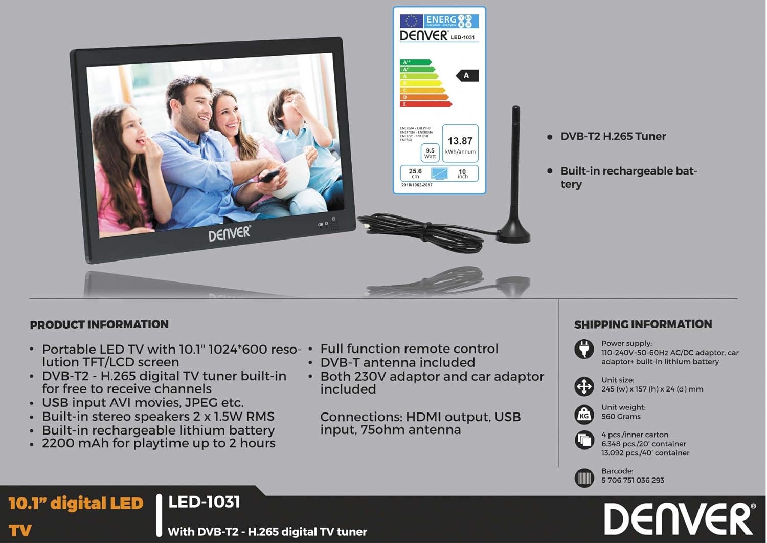 Denver LED1031 tragbarer 25,6 cm (10,1 Zoll) LEDFernseher mit