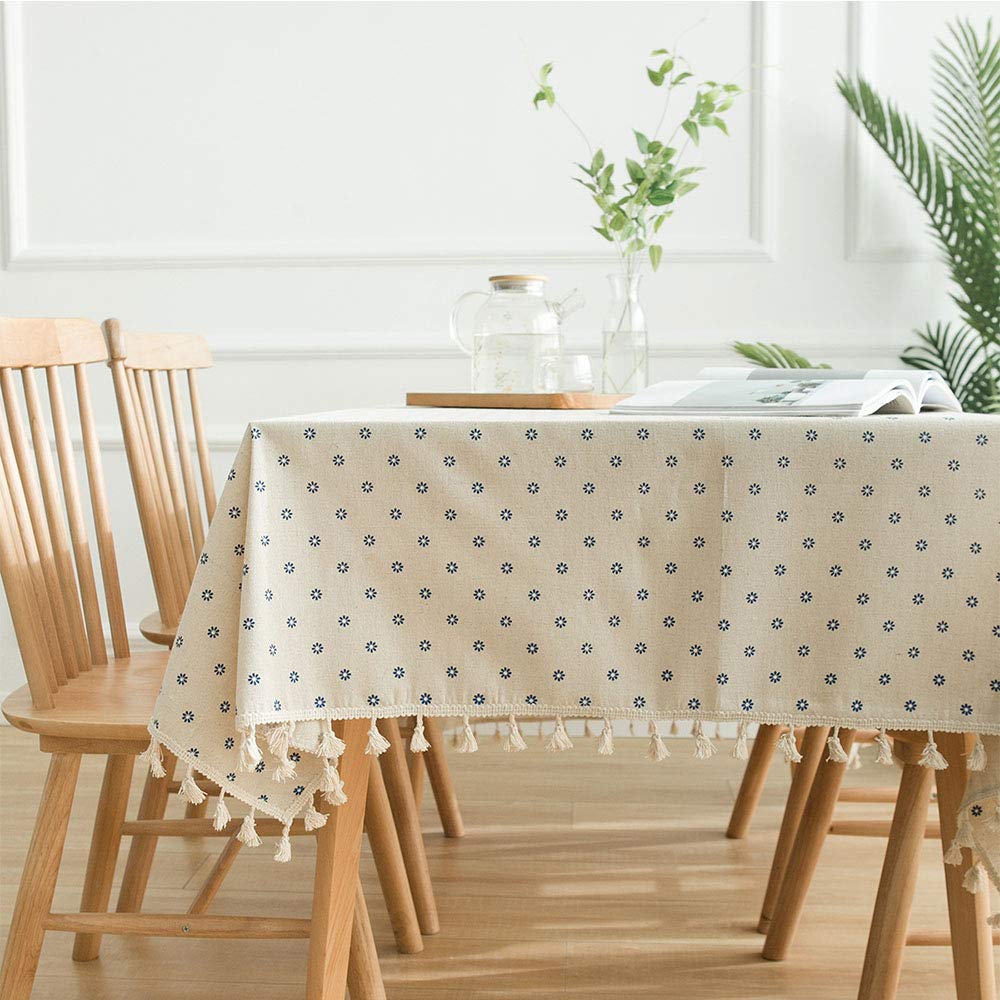 Deggodech Blue Flower Printed Tablecloth Rectangular Cotton Linen Washable Table Cloth tassels Dust-proof Table Cover for Wedding Party Dinning Table Decoration (Daisy, 140 * 180cm/55"*71")