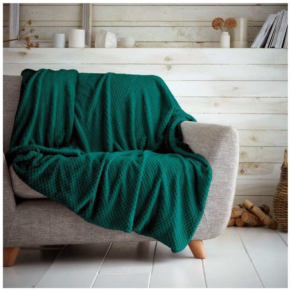 GC GAVENO CAVAILIA Luxury Popcorn Honey Comb Sofa Bed Blanket, Easy Care Super Soft & Warm Fluffy Settee Waffle Throw, Green, 150X200, 651161