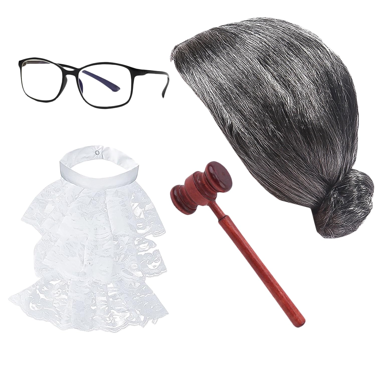 Nereds 4pcs Judge Costume Accessories Set Gray Wig Plastic Frame Glasses Gavel Hammer False Collar Halloween Lawyer Costume for Halloween Cosplay Party Favor