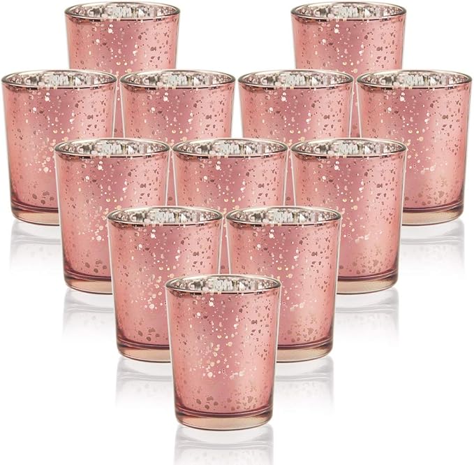 SHMILMH Rose Gold Votive Candle Holders, Set of 12 Mercury Glass Tealight Candle