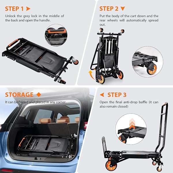 FOLDING HAND TRUCK,500LBS CAPACITY HEAVY DUTY CARRYING HAND CART,IRONTON STEEL HAND TRUCK WITH 4 ROTATE WHEELS,FOR LUGGAGE, MOVING, SHOPPING, OFFICE,TRAVEL USE(ORANGE)