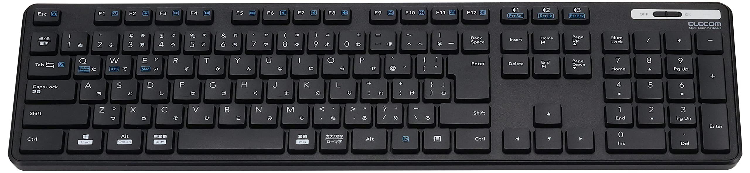 Elecom TK-FBM120KBK/EC Wireless Keyboard, Bluetooth Full Keyboard, with Numeric Keypad, Thin, Membrane, Antibacterial, Supports up to 3 Units, Multi-Pairing, iPad/Surface/Numeric Keypad, Black