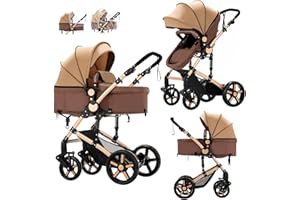 REENBORN 2 in 1 Baby Stroller with Bassinet, Convertible Pram, Reversible Standard Baby Stroller, Portable Baby Buggy, Infant Carriage, Foldable High Landscape Pushchair for Toddler Newborn (2US588-KHAKI)